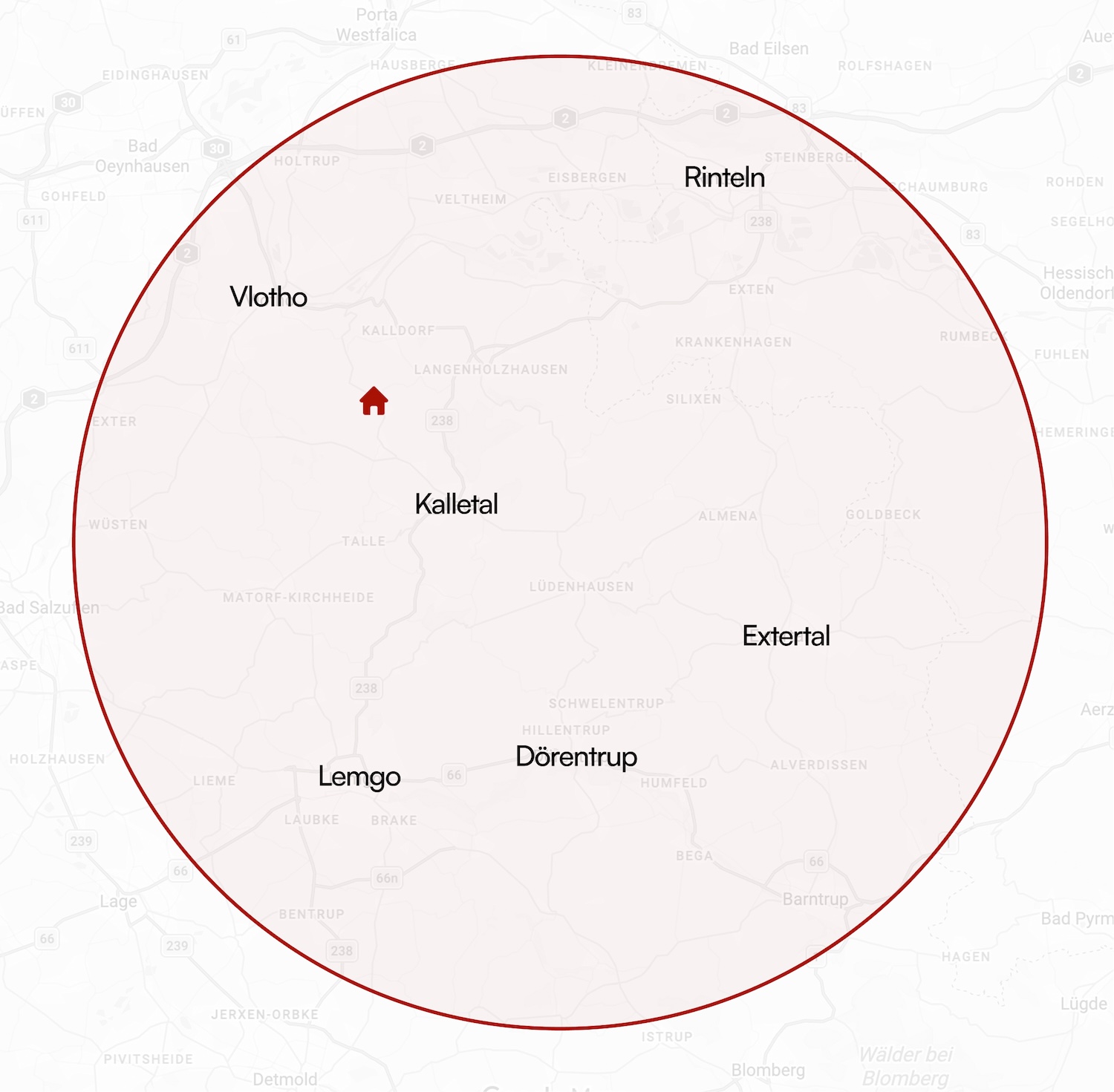 Karte mit Häuser-Symbol zentriert um Kalletal, zeigt Umkreis nahe Vlotho, Rinteln, Lemgo, Dörentrup, Extertal.